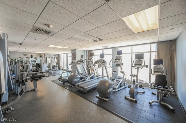 exercise room featuring a drop ceiling and a wall of windows