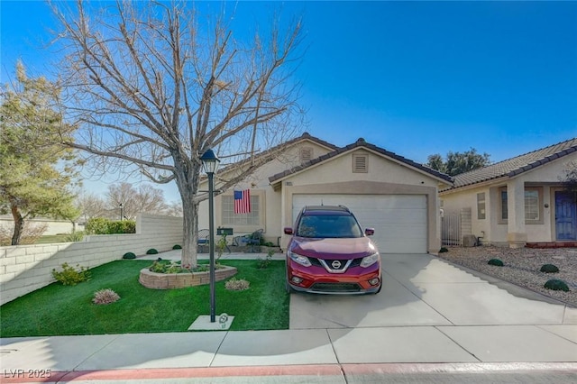 ranch-style house featuring a garage and a front lawn