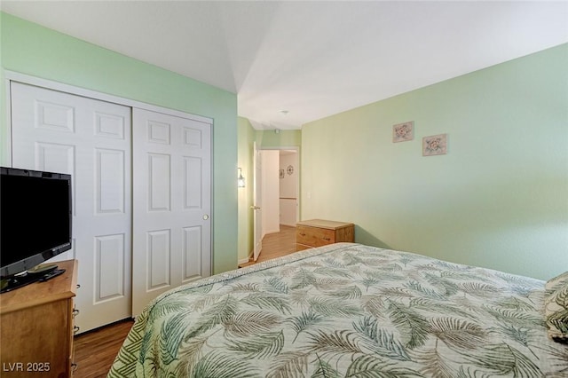 bedroom with hardwood / wood-style floors and a closet