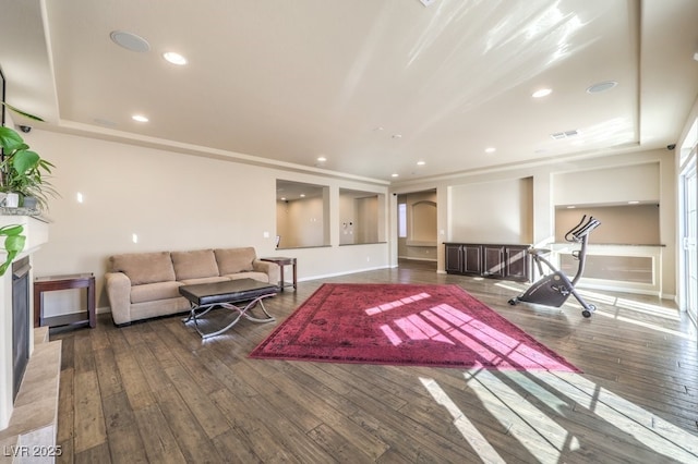 5490 Tulip Hill Ave, Las Vegas, NV 89141 - living area with hardwood / wood-style floors, a high end fireplace, baseboards, and recessed lighting