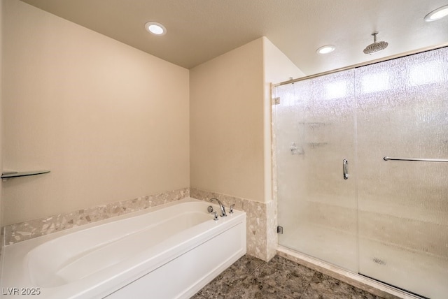 5490 Tulip Hill Ave, Las Vegas, NV 89141 - full bathroom with a stall shower, a bath, recessed lighting, and tile patterned floors