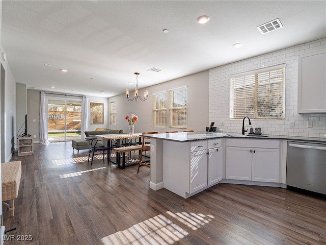 kitchen with sink, hanging light fixtures, dark hardwood / wood-style flooring, dishwasher, and white cabinets