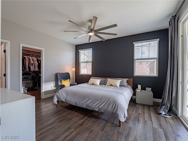 bedroom with a spacious closet, dark wood-type flooring, a closet, and ceiling fan