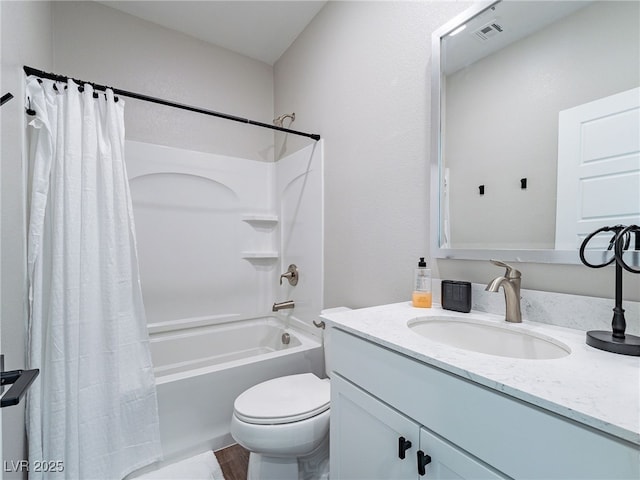 full bathroom featuring shower / tub combo with curtain, vanity, toilet, and hardwood / wood-style floors