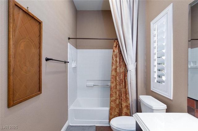 full bathroom with vanity, shower / bathtub combination with curtain, and toilet