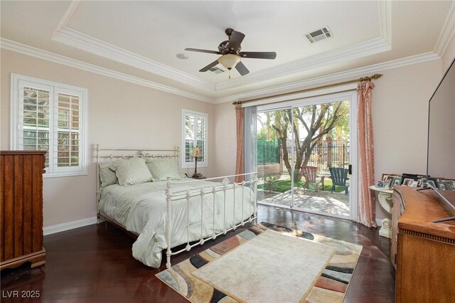 bedroom featuring ceiling fan, ornamental molding, dark hardwood / wood-style flooring, and access to outside