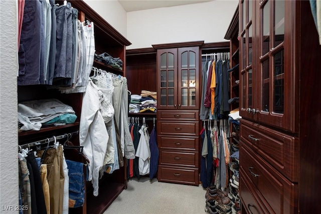 walk in closet featuring light carpet