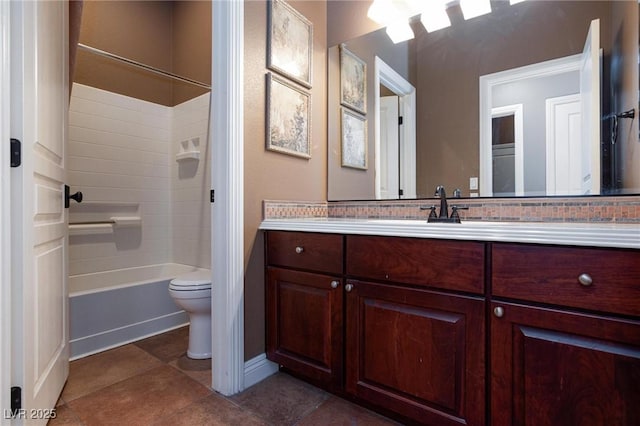 full bathroom with tile patterned flooring, vanity,  shower combination, and toilet