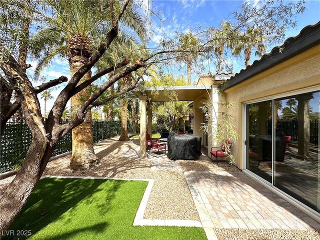 view of yard featuring a patio and a fenced backyard