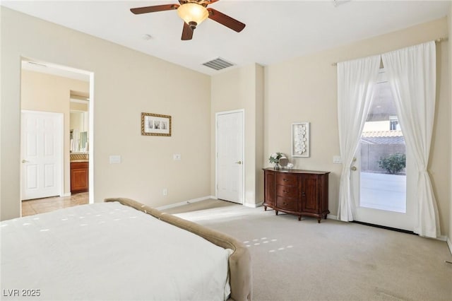 bedroom featuring ceiling fan, light carpet, and access to outside