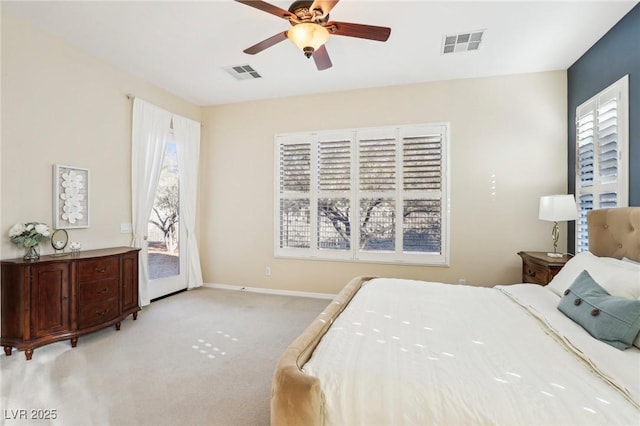 carpeted bedroom featuring ceiling fan and access to outside