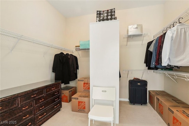 walk in closet with light colored carpet