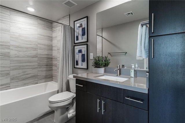 bathroom featuring toilet, vanity, visible vents, and shower / bathtub combination with curtain