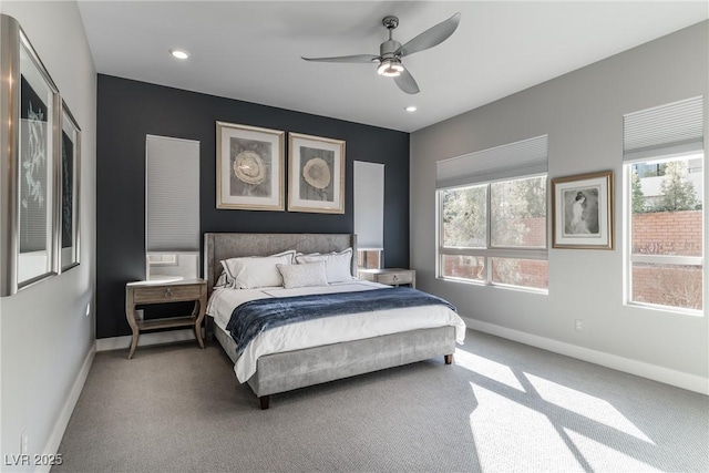 bedroom with ceiling fan, carpet floors, recessed lighting, and baseboards