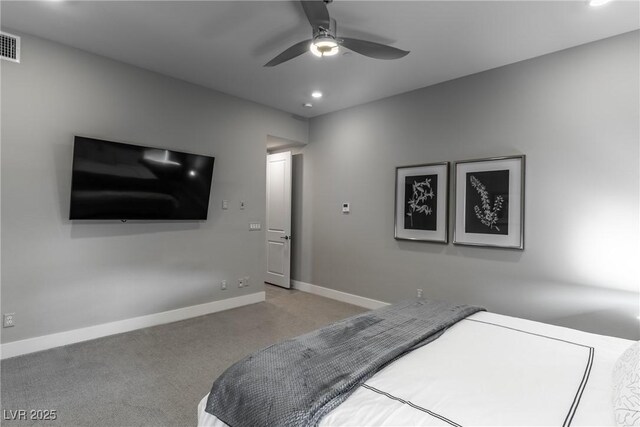 carpeted bedroom featuring ceiling fan