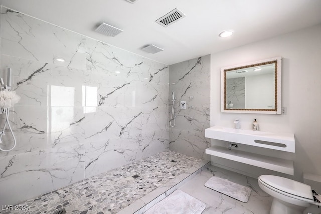 full bath featuring marble finish floor, visible vents, toilet, and a marble finish shower