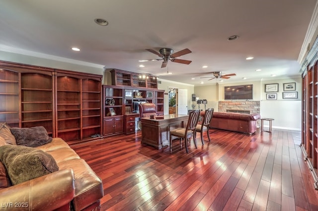 home office with ornamental molding and dark wood-style flooring