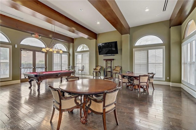 dining room featuring dark wood-type flooring, pool table, beam ceiling, and french doors