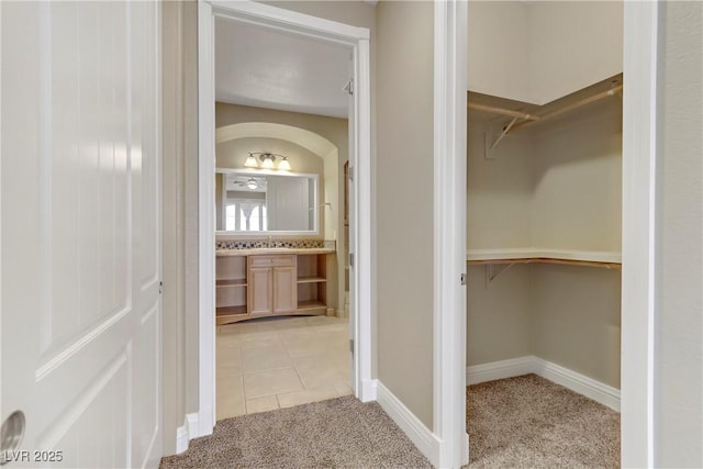 spacious closet featuring sink and light carpet