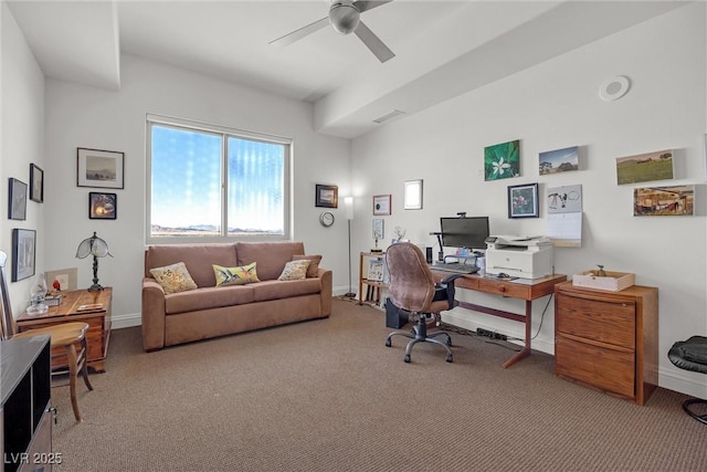 office space featuring ceiling fan and carpet flooring