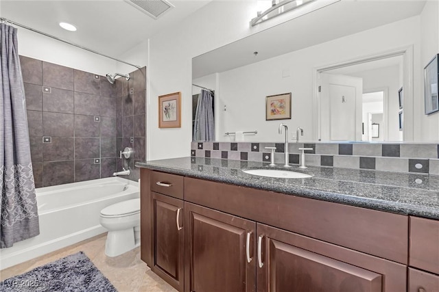 full bathroom with backsplash, tile patterned flooring, vanity, toilet, and shower / bathtub combination with curtain