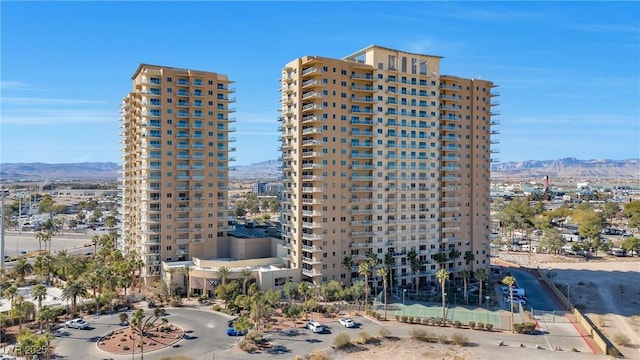 view of building exterior featuring a mountain view