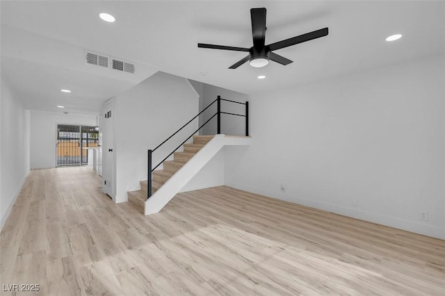 unfurnished living room with ceiling fan and light wood-type flooring