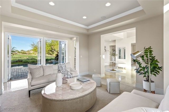 living room featuring a raised ceiling and crown molding