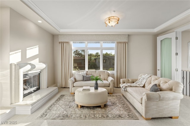 1549 Foothills Village Dr, Henderson, NV 89012 - carpeted living room featuring crown molding, a fireplace, and recessed lighting