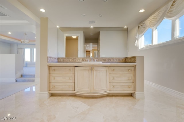 1549 Foothills Village Dr, Henderson, NV 89012 - bathroom featuring recessed lighting, a chandelier, visible vents, and vanity