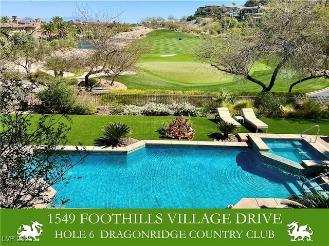 1549 Foothills Village Dr, Henderson, NV 89012 - view of pool featuring a yard, a pool with connected hot tub, a fenced backyard, and golf course view