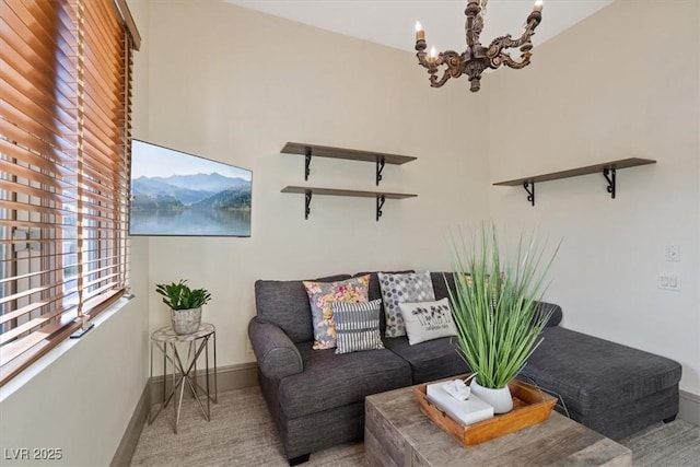 living room featuring an inviting chandelier