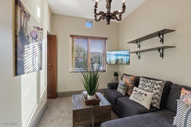 living room featuring an inviting chandelier