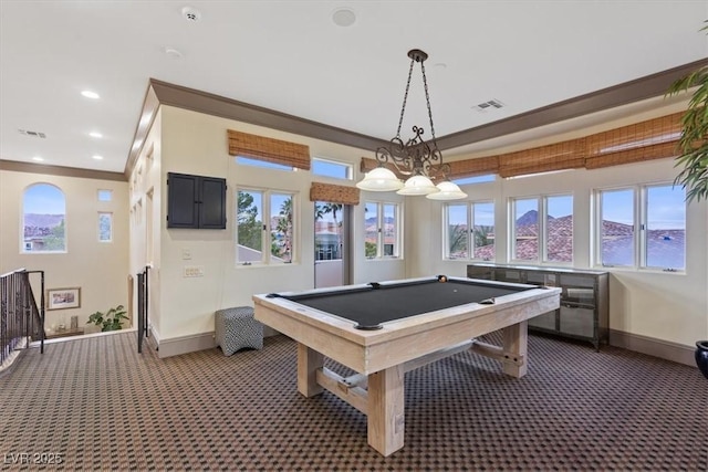 playroom featuring dark colored carpet, ornamental molding, and billiards