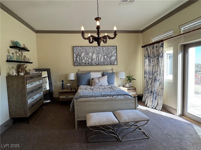 carpeted bedroom featuring access to exterior, ornamental molding, and a chandelier