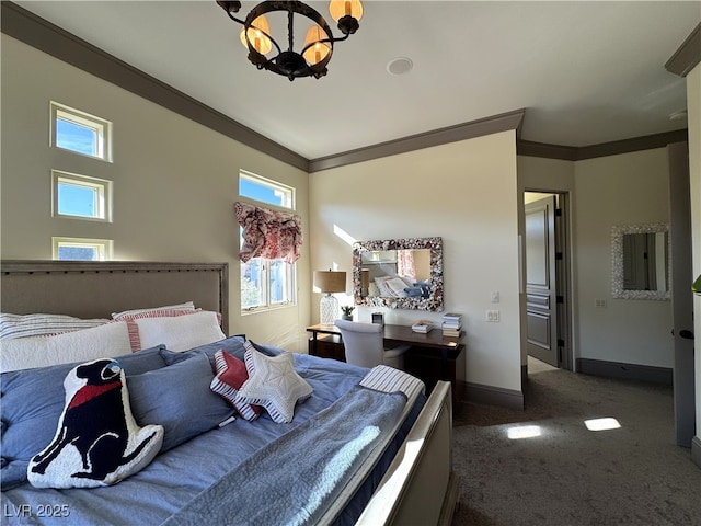 carpeted bedroom with an inviting chandelier and crown molding