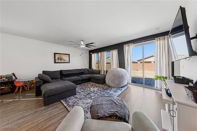 living room featuring ceiling fan and wood-type flooring