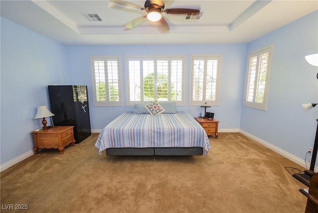 bedroom with light colored carpet, a raised ceiling, and multiple windows