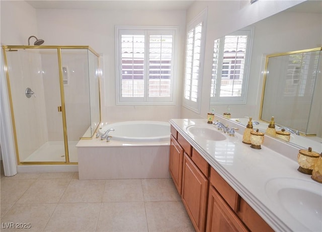 bathroom with vanity, independent shower and bath, and tile patterned flooring