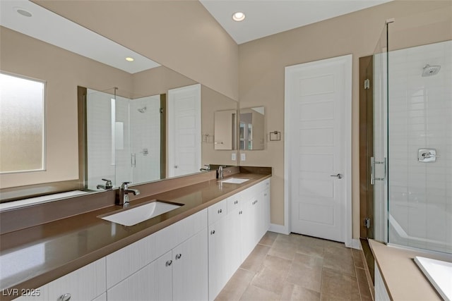 bathroom featuring vanity and a shower with shower door