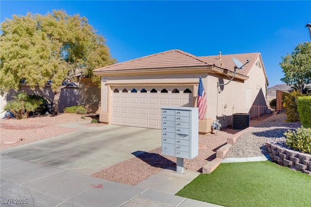 exterior space featuring a garage and cooling unit