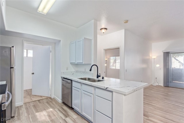 kitchen featuring white cabinetry, sink, stainless steel appliances, and light wood-type flooring