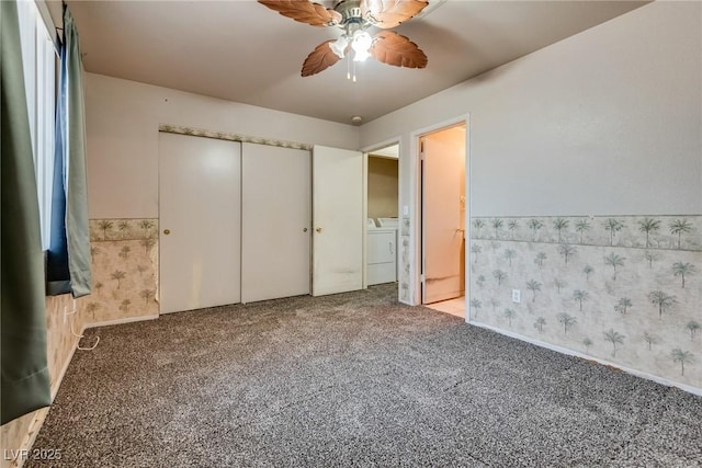 unfurnished bedroom with ceiling fan, carpet flooring, connected bathroom, washing machine and clothes dryer, and a closet