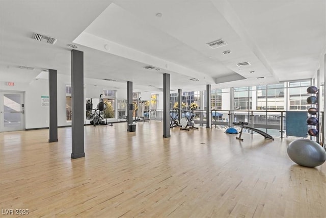 exercise room featuring a wall of windows and light hardwood / wood-style flooring