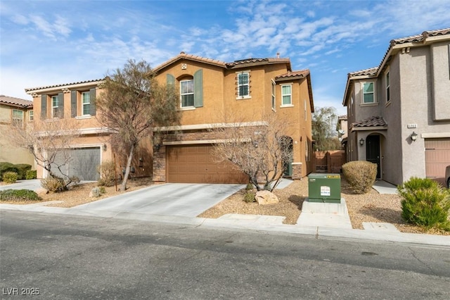 mediterranean / spanish home with central AC unit and a garage