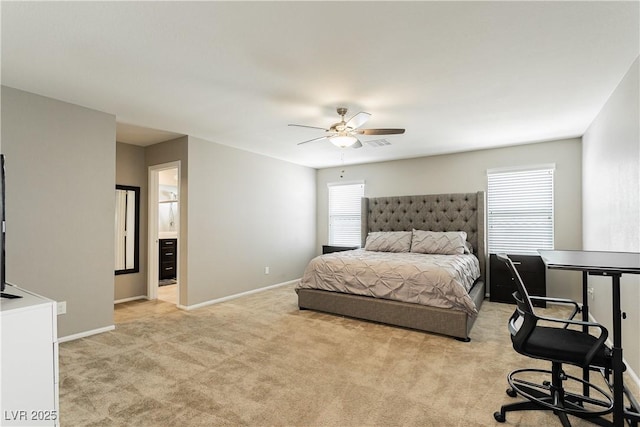 bedroom featuring baseboards, multiple windows, visible vents, and light colored carpet