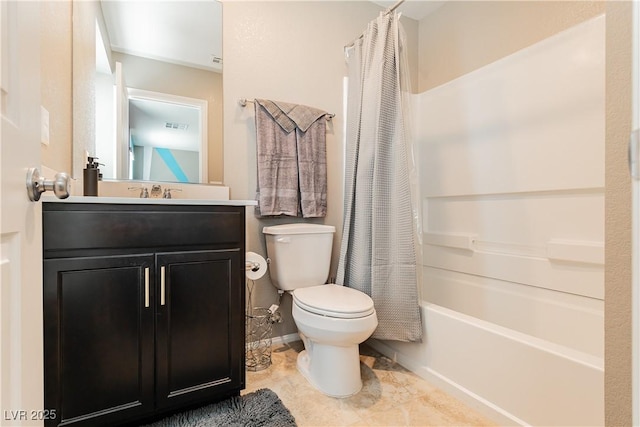 bathroom with toilet, shower / tub combo, visible vents, and vanity