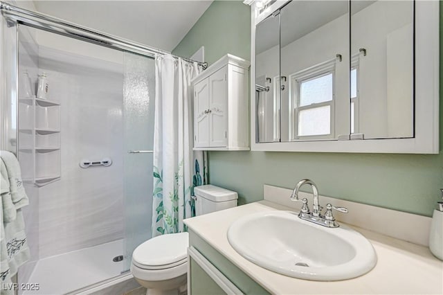 bathroom featuring vanity, a shower with curtain, and toilet