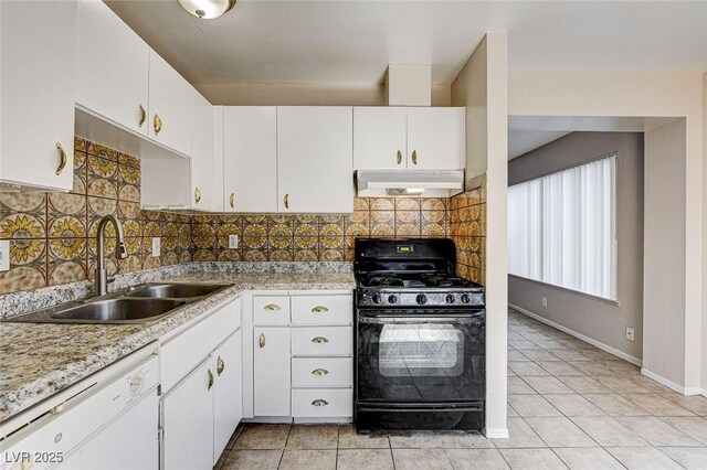 kitchen featuring black gas range oven, sink, white cabinets, and white dishwasher