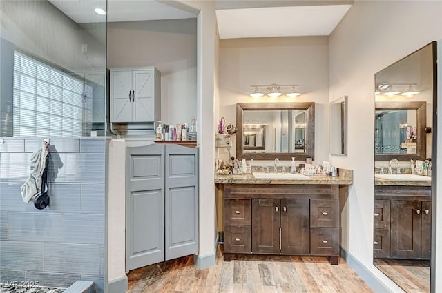 bathroom with vanity and hardwood / wood-style floors